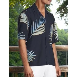 Hugo Boss Lars Navy Palm Frond Print Casual Comfort Button-Up Shirt Mens XL NEW